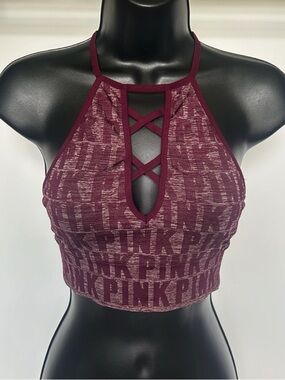 Victoria’s Secret PINK Strappy Logo Halter Bralette Burgundy Sz Small Athleisure